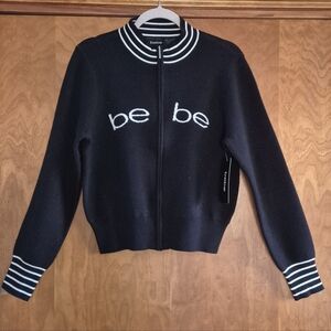 Bebe Women's Black Front Zipper Sweater with White Accents, size M